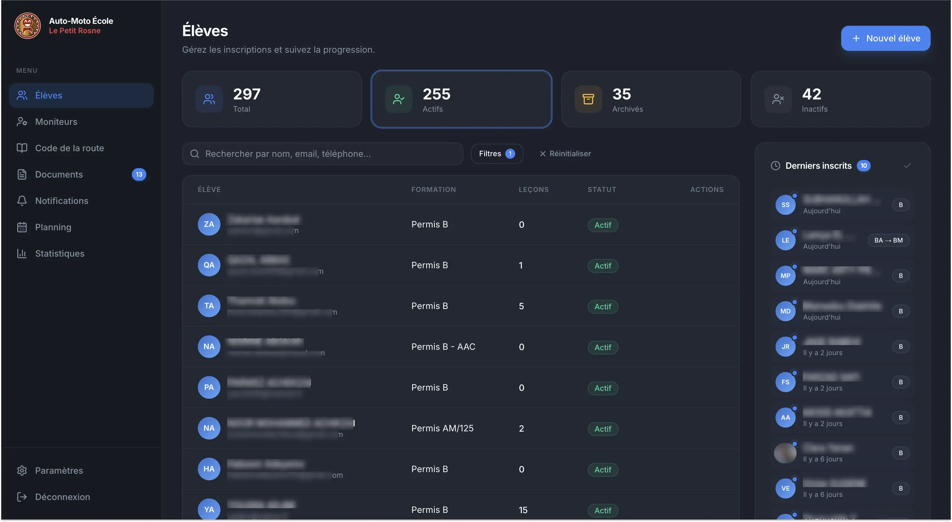 Plateforme web - liste des élèves