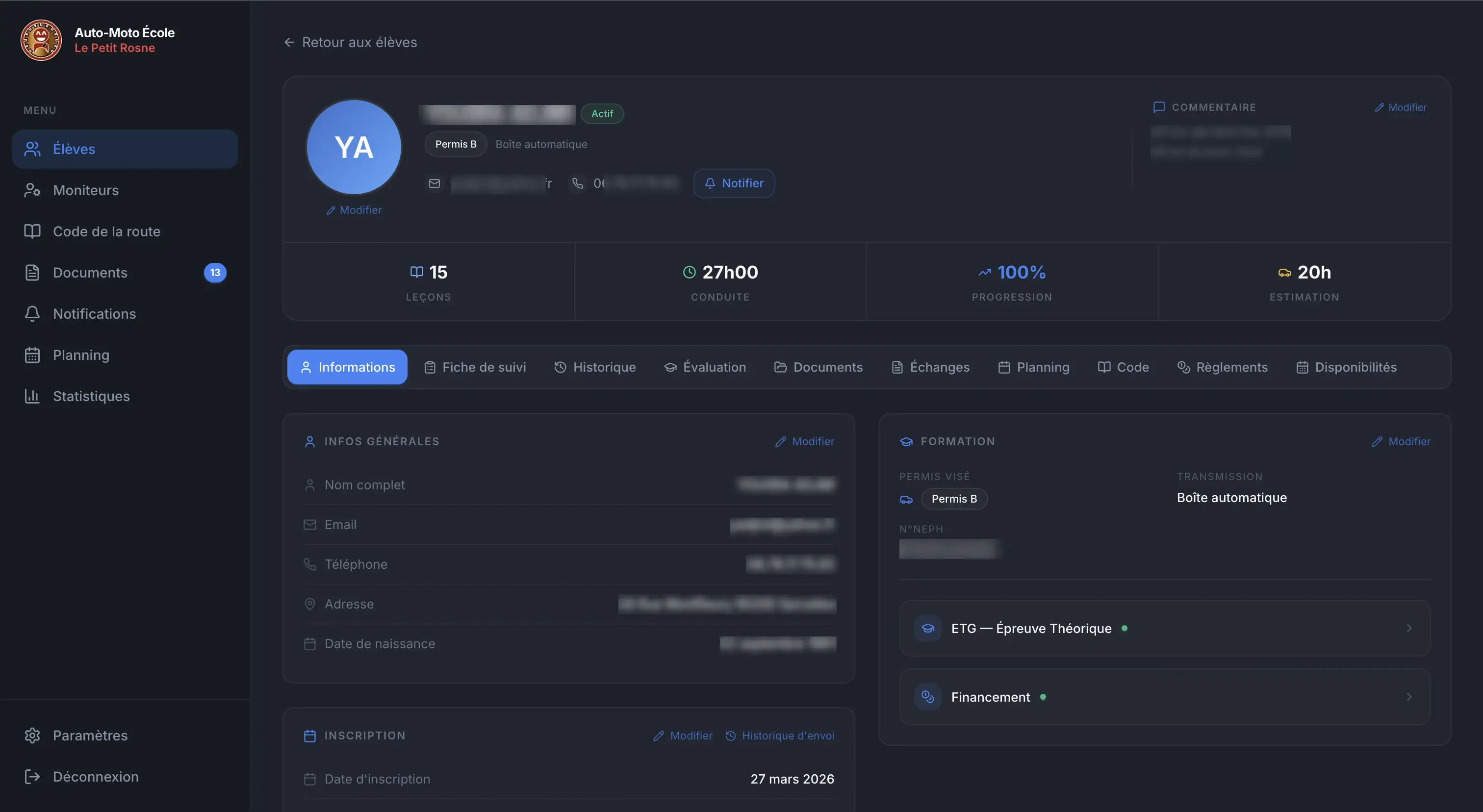Plateforme web - fiche d'un élève
