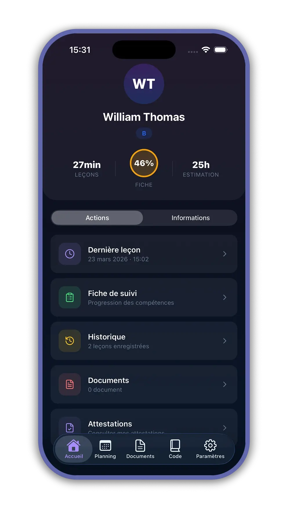 Application mobile - interface élève (page d'accueil)